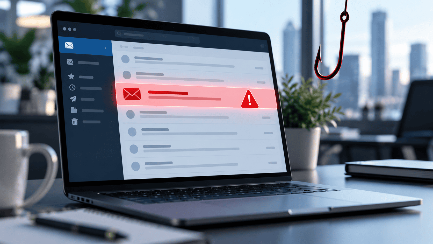 email-messages-with-warnings Picture of a laptop screen showing an email inbox with a warning on one of the messages.